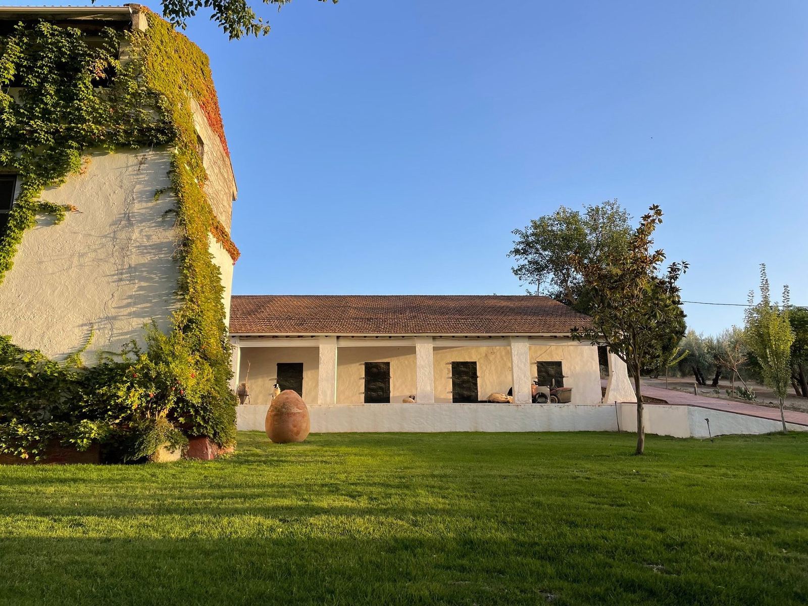 La casa del cortijo con su porche y el jardín